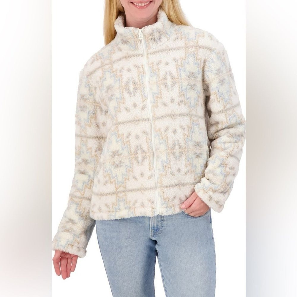 Lucky Brand Geo Print‎ Faux Fur Zip Jacket - Size L - Cream Multi - NWT